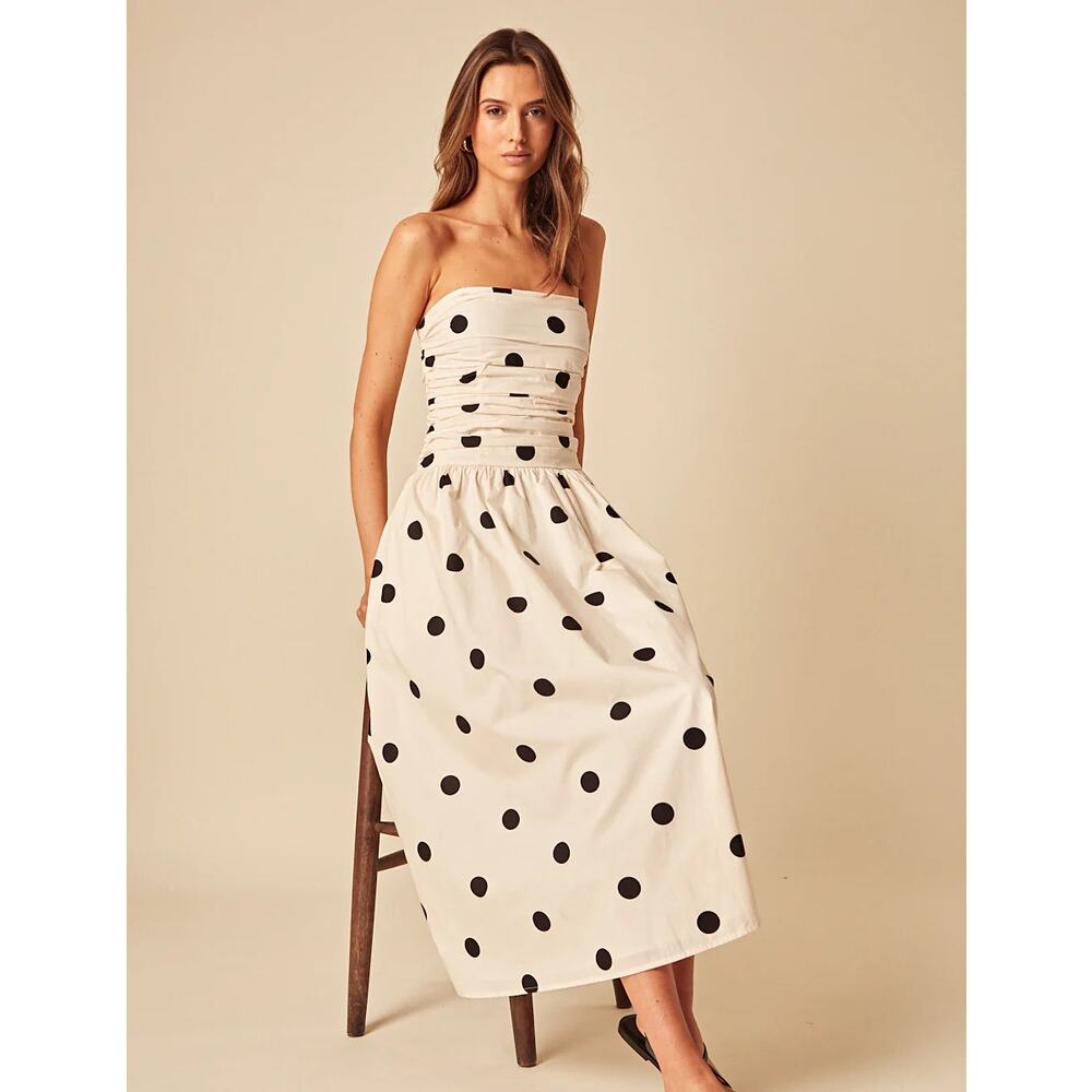 Strapless White Polka Dot Midi Dress